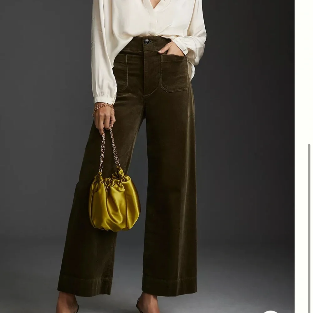 Maeve Anthropologie Colette Corduroy Wide Leg Crop Pants Olive Green 25P - Picture 2 of 9